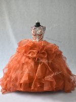 Ideal Rust Red Ball Gowns Scoop Sleeveless Organza Lace Up Beading and Ruffles Quinceanera Gowns
