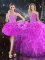Sleeveless Floor Length Beading and Ruffles Lace Up Sweet 16 Dresses with Fuchsia