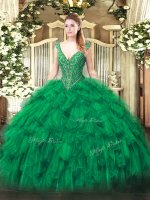 High Class Green V-neck Lace Up Beading and Ruffles Sweet 16 Dresses Sleeveless