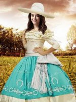 Fitting Off the Shoulder Multi-color Half Sleeves Embroidery and Ruffled Layers and Bowknot Floor Length 15th Birthday Dress(SKU XBQD036BIZ)