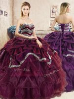 Fashion Burgundy and Purple Lace Up Sweetheart Beading and Ruffled Layers and Pick Ups Ball Gown Prom Dress Organza Sleeveless