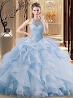 Lace Up Quince Ball Gowns Blue for Sweet 16 and Quinceanera with Beading and Ruffles Brush Train