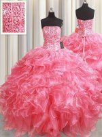 Pink Ball Gowns Organza Strapless Sleeveless Beading and Ruffles Floor Length Lace Up Sweet 16 Dress