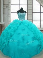 Aqua Blue Ball Gowns Sweetheart Sleeveless Organza Floor Length Lace Up Beading and Appliques and Pick Ups Sweet 16 Dresses