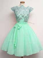 Vintage Cap Sleeves Chiffon Knee Length Lace Up Dama Dress in Apple Green with Lace and Belt