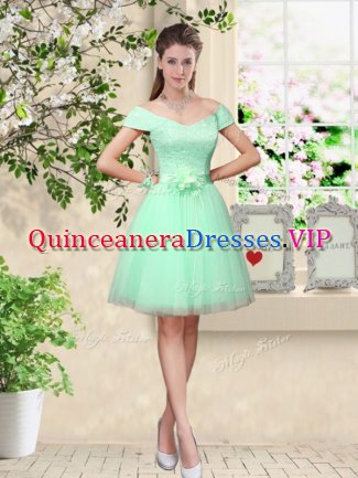 Apple Green Cap Sleeves Belt Knee Length Dama Dress for Quinceanera