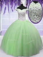 Sweet Off the Shoulder Beading Sweet 16 Dresses Apple Green Lace Up Short Sleeves Floor Length