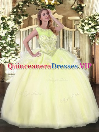 Stunning Ball Gowns Quinceanera Dress Light Yellow Scoop Organza Sleeveless Floor Length Lace Up