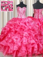 High Quality Hot Pink Sweetheart Lace Up Beading and Ruffles Ball Gown Prom Dress Sleeveless