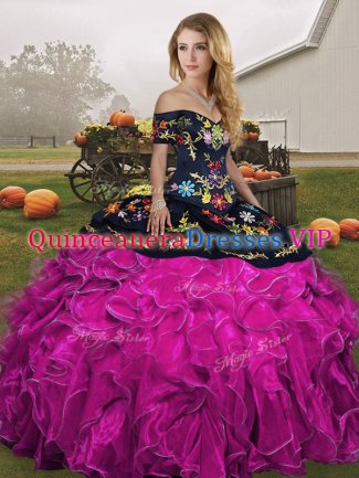 Unique Floor Length Fuchsia Sweet 16 Dresses Organza Sleeveless Embroidery and Ruffles