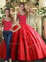 Halter Top Sleeveless Quince Ball Gowns Floor Length Appliques Red Tulle