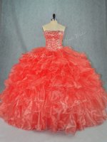 Ideal Beading and Ruffles Sweet 16 Dresses Red Lace Up Sleeveless Floor Length