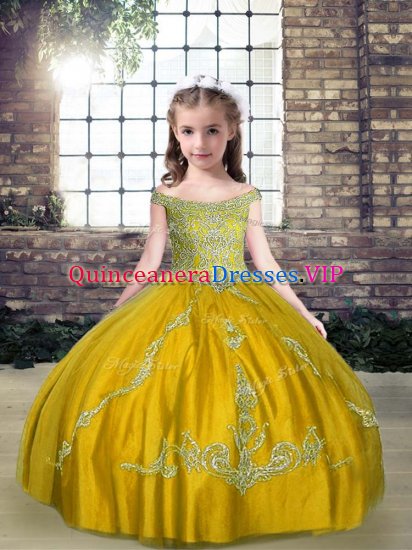 Olive Green Off The Shoulder Neckline Beading Child Pageant Dress Sleeveless Lace Up - Click Image to Close