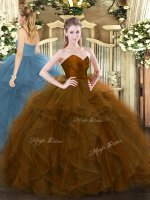 Brown Ball Gowns Ruffles Quinceanera Dress Zipper Tulle Sleeveless Floor Length