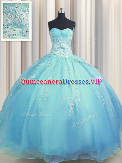 Graceful Zipper Up Baby Blue and Light Blue Organza Zipper Quince Ball Gowns Sleeveless Floor Length Beading and Appliques - Click Image to Close