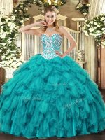 Teal Sleeveless Beading and Ruffles Floor Length Quince Ball Gowns
