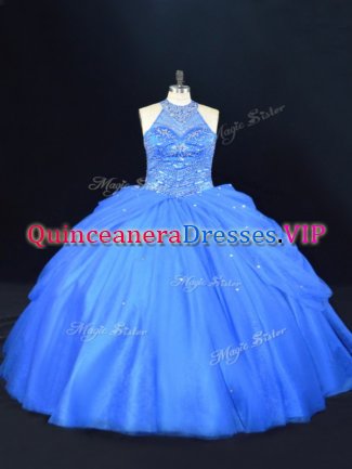 Blue Lace Up Halter Top Beading Sweet 16 Quinceanera Dress Tulle Sleeveless