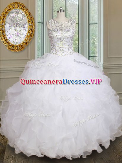 White Lace Up Scoop Beading and Ruffles Quinceanera Dresses Organza Sleeveless - Click Image to Close
