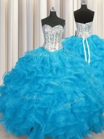 Elegant Aqua Blue Lace Up Sweetheart Beading and Ruffles Sweet 16 Dresses Organza Long Sleeves