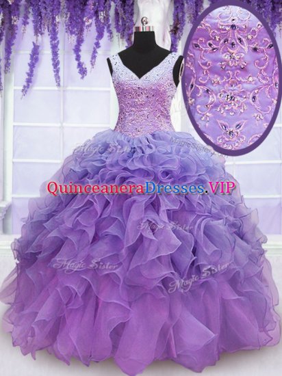 Comfortable Organza V-neck Sleeveless Lace Up Beading and Embroidery and Ruffles Sweet 16 Quinceanera Dress in Lavender - Click Image to Close