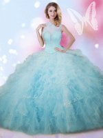 Baby Blue Ball Gowns Beading and Ruffles 15 Quinceanera Dress Lace Up Tulle Sleeveless Floor Length