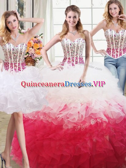 Three Piece White and Red High-neck Neckline Beading and Ruffles Quinceanera Gown Sleeveless Lace Up - Click Image to Close