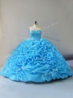 Hot Sale Baby Blue Quinceanera Dress Sweet 16 and Quinceanera with Beading and Pick Ups and Hand Made Flower Sweetheart Sleeveless Court Train Lace Up