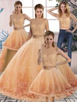 Custom Designed Gold and Peach Tulle Backless Scalloped Sleeveless 15 Quinceanera Dress Sweep Train Lace