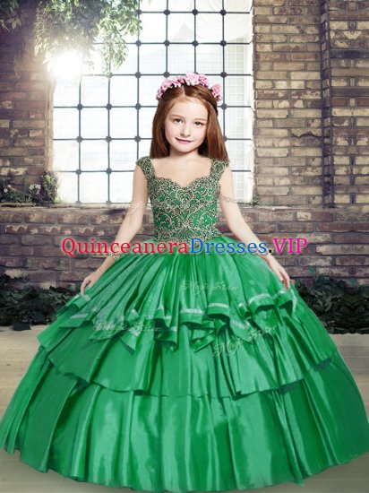 Taffeta Straps Sleeveless Lace Up Beading Little Girls Pageant Dress Wholesale in Green - Click Image to Close