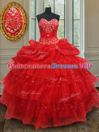 Cute Red Ball Gowns Sweetheart Sleeveless Organza Floor Length Lace Up Beading and Ruffled Layers and Sequins and Pick Ups Sweet 16 Dress
