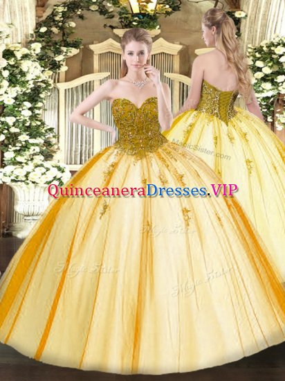 Lovely Gold Ball Gown Prom Dress Military Ball and Sweet 16 and Quinceanera with Beading Sweetheart Sleeveless Lace Up - Click Image to Close