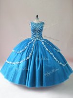 Blue Ball Gowns Tulle Scoop Sleeveless Beading and Appliques Floor Length Lace Up Ball Gown Prom Dress