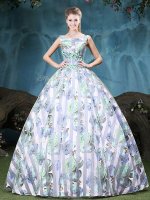 Fitting Straps Sleeveless Tulle Floor Length Lace Up Quinceanera Gown in Multi-color with Appliques and Pattern