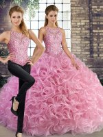 Colorful Rose Pink Two Pieces Beading Vestidos de Quinceanera Lace Up Fabric With Rolling Flowers Sleeveless Floor Length