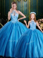 Custom Made Halter Top Floor Length Lace Up Quince Ball Gowns Baby Blue for Military Ball and Sweet 16 and Quinceanera with Beading and Appliques