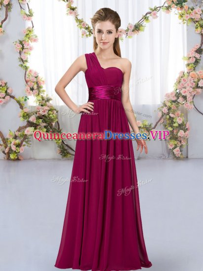 Popular Chiffon One Shoulder Sleeveless Lace Up Belt Dama Dress for Quinceanera in Fuchsia - Click Image to Close