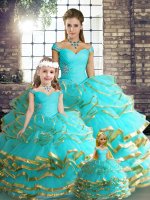 Vintage Off The Shoulder Sleeveless Quinceanera Gown Floor Length Beading and Ruffled Layers Aqua Blue Tulle