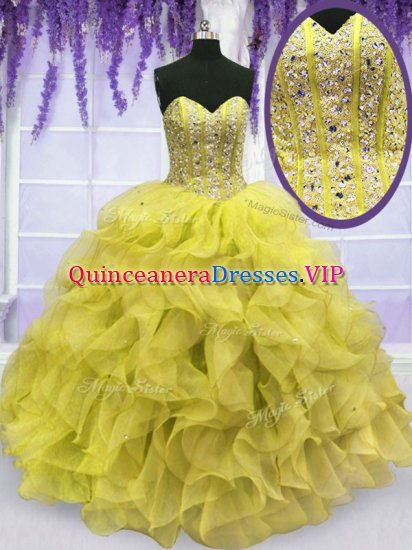 Organza Sweetheart Sleeveless Lace Up Beading and Ruffles 15th Birthday Dress in Yellow - Click Image to Close
