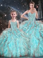 Aqua Blue Ball Gowns Organza Sweetheart Sleeveless Beading and Ruffles Floor Length Lace Up Sweet 16 Quinceanera Dress
