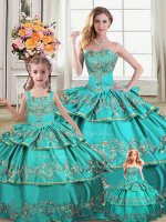 Floor Length Lace Up Sweet 16 Dresses Aqua Blue for Sweet 16 and Quinceanera with Embroidery and Ruffled Layers