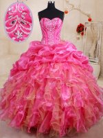 High Quality Hot Pink Lace Up Quince Ball Gowns Beading and Ruffles and Pick Ups Sleeveless Floor Length(SKU PSSW0216BIZ)