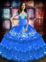 Free and Easy Blue Ball Gowns Taffeta Off The Shoulder Sleeveless Embroidery and Ruffled Layers Floor Length Lace Up Military Ball Dresses For Women