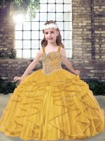 Great Floor Length Gold Little Girl Pageant Gowns Tulle Sleeveless Beading and Ruffles(SKU PAG1244-9BIZ)