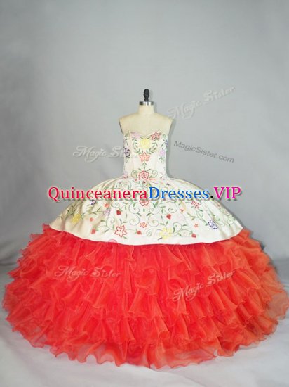Low Price Coral Red Lace Up Quince Ball Gowns Embroidery and Ruffles Sleeveless Floor Length - Click Image to Close