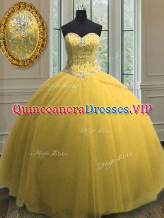 Noble Floor Length Gold 15th Birthday Dress Tulle Sleeveless Beading and Sequins