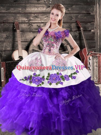 Luxury Sleeveless Organza Floor Length Lace Up Quince Ball Gowns in Purple with Embroidery and Ruffles - Click Image to Close