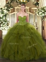 Sumptuous Floor Length Lace Up Quince Ball Gowns Olive Green for Military Ball and Sweet 16 and Quinceanera with Beading