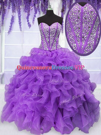 Sweetheart Sleeveless Sweet 16 Dress Floor Length Beading and Ruffles Purple Organza - Click Image to Close