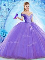 Lavender Vestidos de Quinceanera Military Ball and Sweet 16 and Quinceanera with Beading Off The Shoulder Sleeveless Brush Train Lace Up