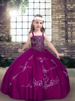 Fuchsia Ball Gowns Straps Sleeveless Tulle Floor Length Lace Up Beading Little Girls Pageant Dress Wholesale